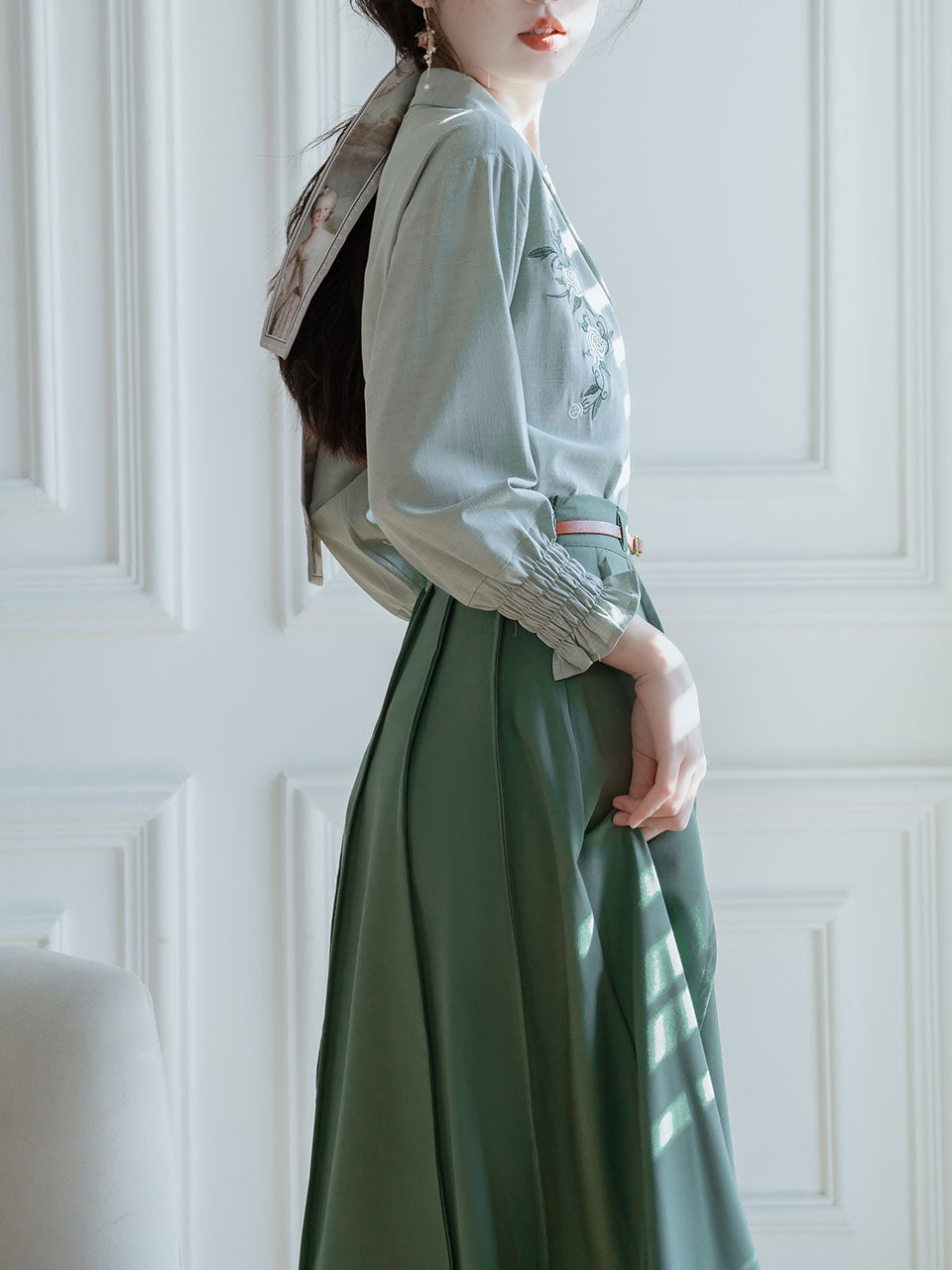 2PS Green V Neck Long Sleeve Shirt And Swing Skirt 1950S Dresss Set