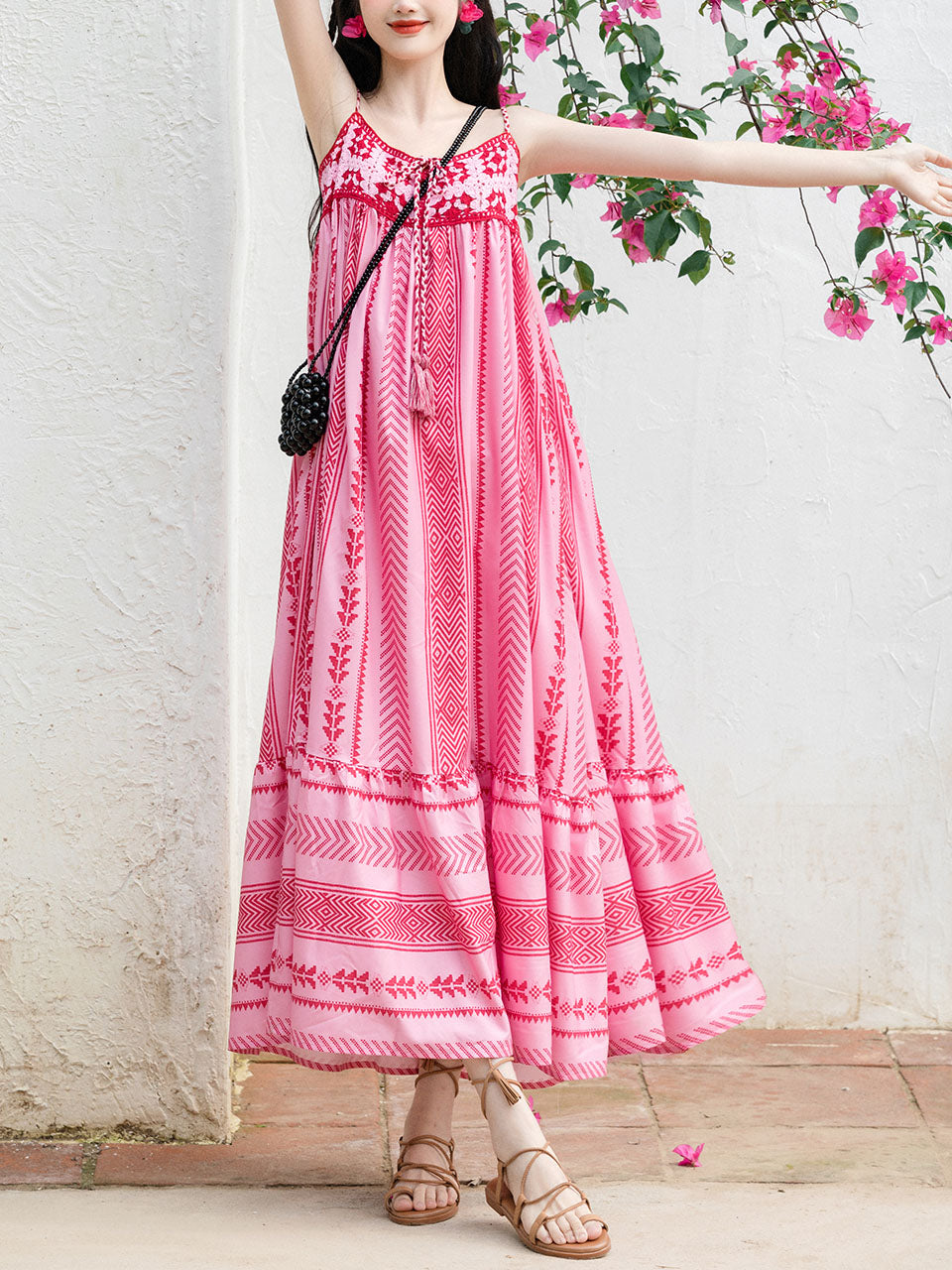 2PS Pink Spaghetti Strap Tropical Pattern Holiday Dress With White Long Sleeve Cardigan
