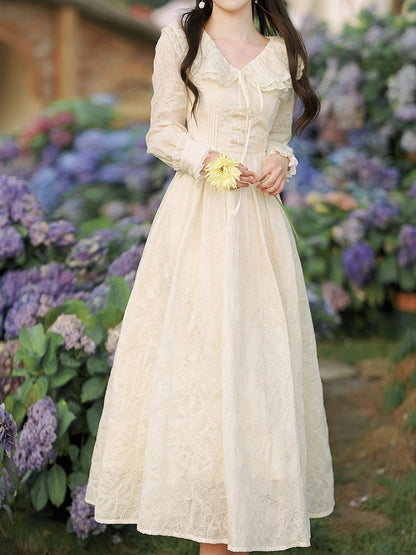Apricot Embroidered Ruffles V Neck Long Sleeve 1950S Vintage Dress