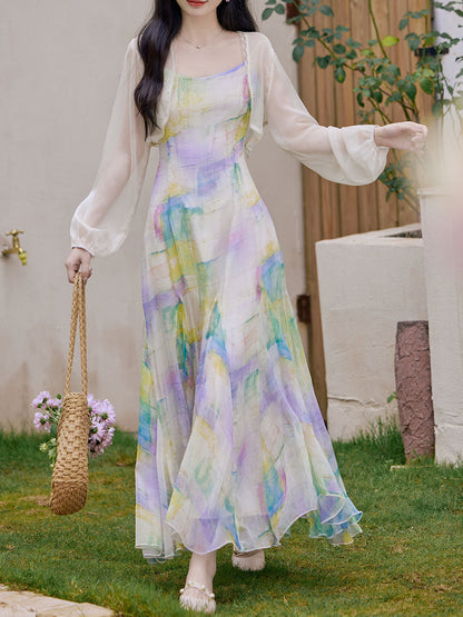 2PS Rainbow Spaghetti Strap 1950S Vintage Dress With Long Sleeve Cardigan